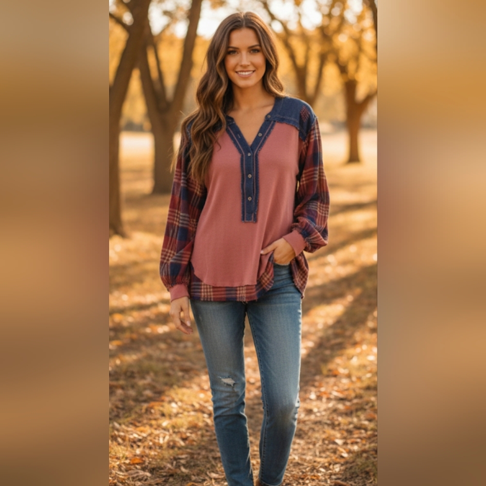 Easel Mineral Wash Oversized Denim Plaid Pattern